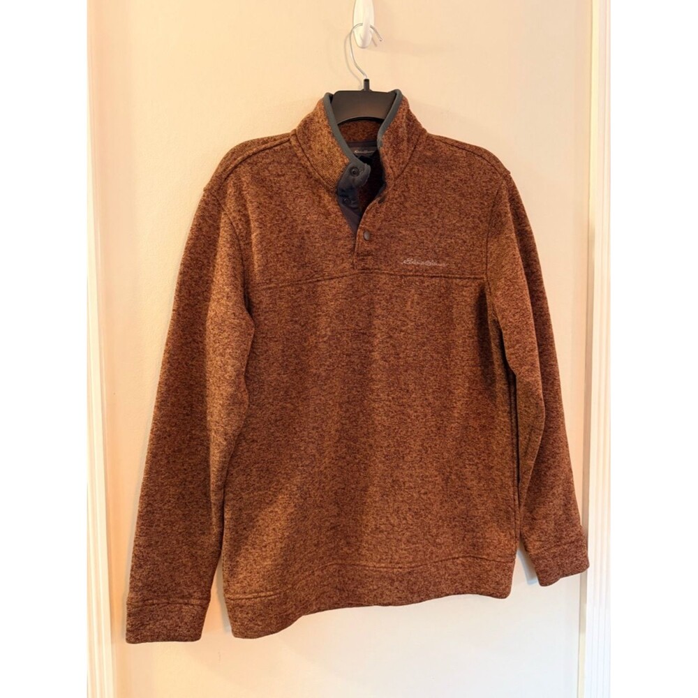 Eddie Bauer Pullover Fleece Sweater Men’s Medium Brown Snap Mock Neck